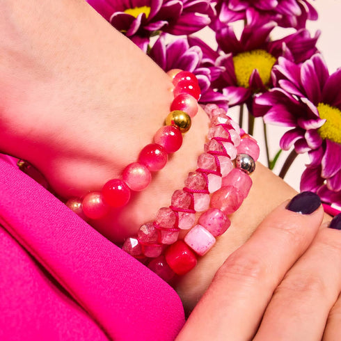 Quartz rose et quartz rose | Or rose | Bracelet double géométrique